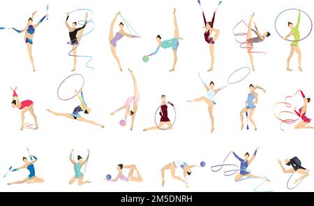 Gymnastics illustrations set. Women in outfit with gymnastic equipment as ball and tape. Stock Vector