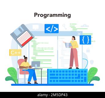 Programmer concept. Idea of coding, testing and writing program, using internet and different software. Website development and optimization. Isolated Stock Vector
