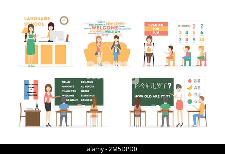 Language course set of illustrations on white background. Rooms with teachers and students. Stock Vector