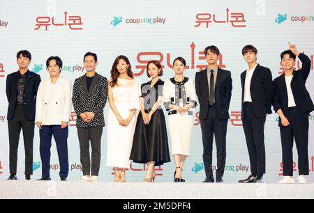 Heo Joon-Seok, Lee Joong-Ock, Shin Ha-Kyun, Kim Young-Ah, Bae Yoon-Kyung, Won Jin-A, Kim Wook, Lee You-Jin and Bae Yu-Ram, Aug 22, 2022 : (L-R) Cast members Heo Joon-Seok, Lee Joong-Ock, Shin Ha-Kyun, Kim Young-Ah, Bae Yoon-Kyung, Won Jin-A, Kim Wook, Lee You-Jin and Bae Yu-Ram pose for photographers at a production press conference for Coupang Play web drama 'Unicorn' in Seoul, South Korea. Credit: Lee Jae-Won/AFLO/Alamy Live News Stock Photo