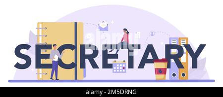 Secretary typographic header. Receptionist answering calls and assisting with documentation. Professional office worker at the desk on computer. Isola Stock Vector