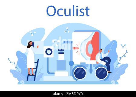 Oculist concept. Idea of eye exam and treatment. Eyesight diagnosis and laser correction. Oculist in the uniform check vision. Vector illustration in Stock Vector