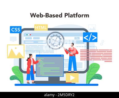 Layout designer online service or platform. Web development, mobile app design and optimization. User interface template. Web-based platform. Flat vec Stock Vector