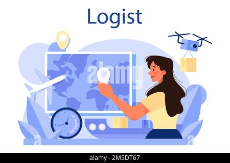 Logistic and delivery service concept. Idea of transportation and distribution. Loader in uniform delivering a cargo. Transportation service concept. Stock Vector