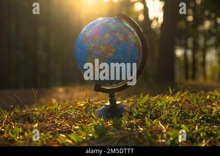 Globe sphere model on grass against natural background and warm sunlight in park. Earth day. World environment day. Stock Photo