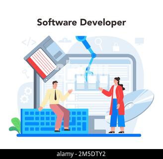 Software developer concept. Idea of programming and coding, system development. Digital technology. Software developing company writing code. Isolated Stock Vector