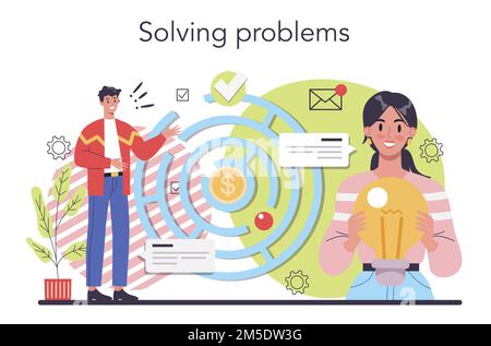 Solution concept illustration. Solving the problem and finding creative solution. Business people meeting the challenge in a teamwork. Flat vector ill Stock Vector