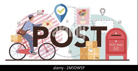 Postman profession typographic header. Post office staff providing mail ...
