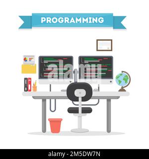 Programming work place. Desk with two computer screen, documents and books. Stock Vector