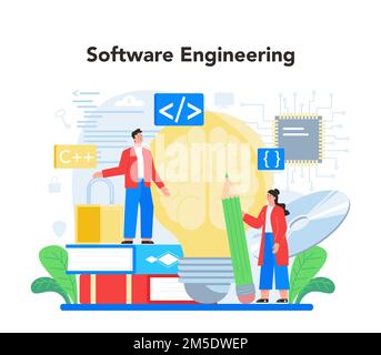 Programmer concept. Idea of coding, testing and writing program, using internet and different software. Website development and optimization. Isolated Stock Vector