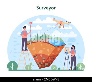 Surveyor concept. Land surveying technology, geodesy science. Engineering and topography equipment. People with compass, map and topographic equipment Stock Vector