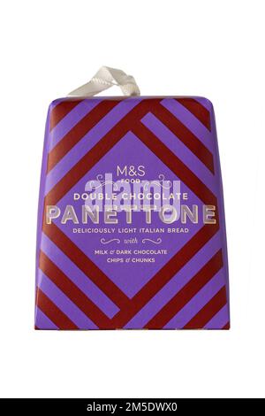Double Chocolate Panettone deliciously light Italian bread milk & dark chocolate chips & chunks from M&S isolated on white background Stock Photo