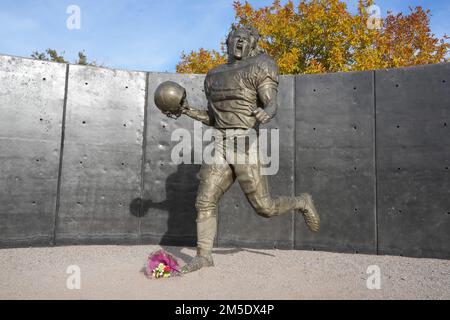 A memorial statue of Pat Tillman at State Farm Stadium reflection pond,  Monday, Dec. 26, 2022, in Glendale, Ariz. The stadium is the home of the  Arizona Cardinals. (Photo by Image of