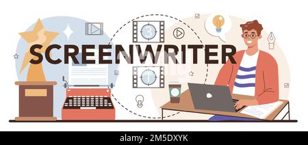 Screenwriter typographic header. Playwright create a screenplay for movie. Author writing new scenario for cinematography. Hollywood industry. Isolate Stock Vector