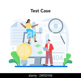 Software testing concept. Application or website code test process. IT specialist searching for bugs. Idea of computer technology. Digital analysis. V Stock Vector