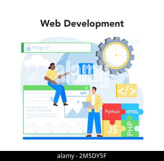 Web development concept. Website optimization and web page interface design. Coding and testing site in the internet. Modern technology idea. Isolated Stock Vector