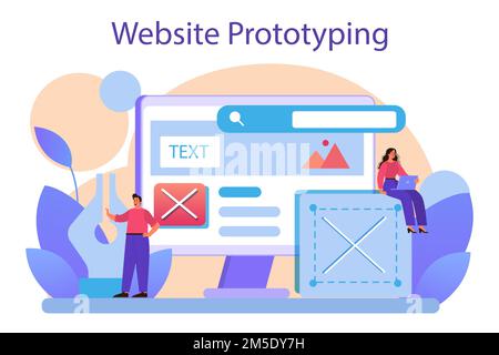 Website prototyping. Web page modeling, interface development. Brainstorming and creative idea concept. Isolated flat vector illustration Stock Vector