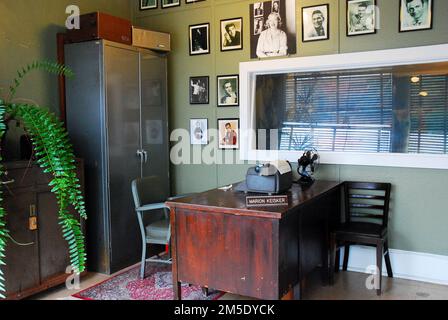 The desk of Marion Keisker, who heard the first Elvis Presley recording, at Sun Studios Memphis is a representation of a 1950s era office work space Stock Photo