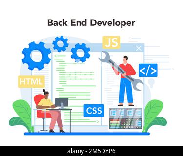 Back end development concept. Software development process. Website interface design improvement. Programming and coding. IT profession. Isolated flat Stock Vector