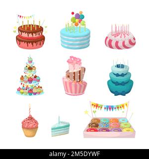 Holiday cakes set. Sweet and colorful sweets on white background. Stock Vector