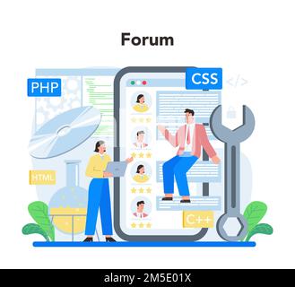 Software developer online service or platform. Idea of programming and system coding. Software developing company. Online forum. Flat vector illustrat Stock Vector