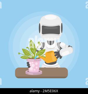 Robot with flower. Housekeeping robot watering flower. Stock Vector