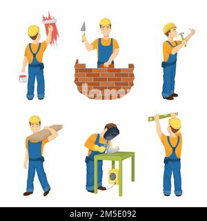 Construction work set on white background. Builders in hardhat with working tools. Stock Vector