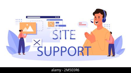 Website technical support typographic header. Idea of web page diagnostic service. Providing web site with updated information. Flat vector illustrati Stock Vector