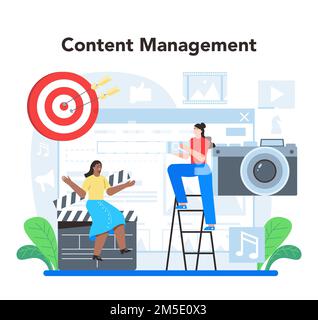 SMM concept. Social media marketing, advertising of business in the internet through social network. Content management. Isolated flat illustration Stock Vector