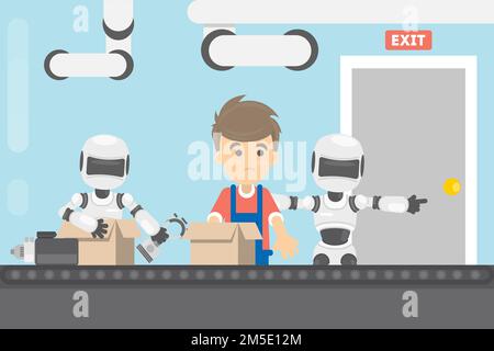 Working without human. Robot expells human from factory, Robots changes people on conveyor. Stock Vector