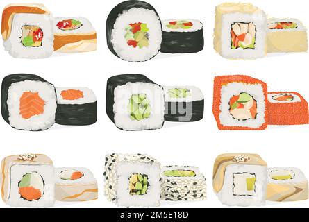 Sushi rolls set. Different filling as fish, vegetables and cheese. Stock Vector