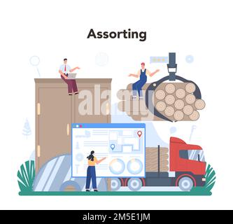 Wood industry concept. Checker inspector as a forestry production line. Quality control. Logging and woodworking process. Isolated flat vector illustr Stock Vector