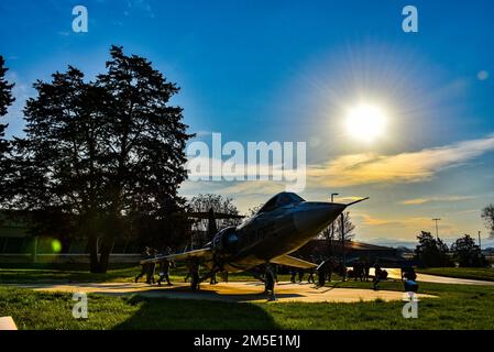 March 6, 2022 - the sun rises on another beautiful Air Force day at McGhee Tyson Air National Guard Base. Airmen head to their duty station, passing the 134th ARW Airpark on their way. Stock Photo