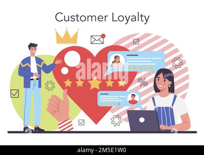 Customer loyalty concept. Marketing program development for client retention. Idea of communication and relationship with customers. Flat vector illus Stock Vector