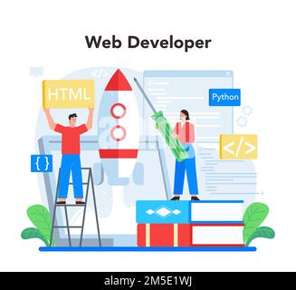 Web development concept. Website optimization and web page interface design. Coding and testing site in the internet. Modern technology idea. Isolated Stock Vector