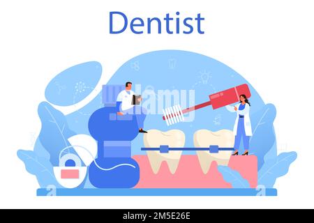Dentist concept. Dental doctor in uniform treating human teeth using medical equipment. Idea of dental and oral hygiene. Caries treatment. Flat vector Stock Vector