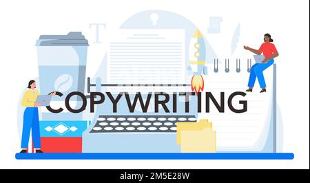 Copywriting typographic header. Writing and designing texts, creativity and promotion idea. Finding information and making valuable content. Vector fl Stock Vector