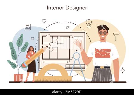 Professional interior designer concept. Decorator planning the design of a room, choosing wall color and furniture style. House renovation. Isolated f Stock Vector
