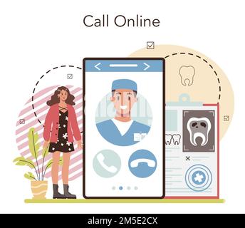 Dentist online service or platform. Dental doctor in uniform treating human teeth using medical equipment. Caries treatment. Online call. Flat vector Stock Vector