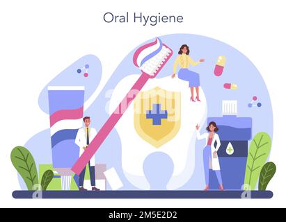 Dentist concept. Dental doctor in uniform treating human teeth using medical equipment. Idea of dental and oral hygiene. Caries treatment. Flat vector Stock Vector