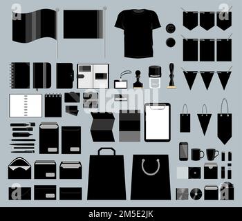 Corporate brand design set. Envelopes and t-shirts, stationary and more. Black colour. Stock Vector