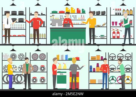 Car parts store set. People in the shop buy parts for the vehicles. Stock Vector