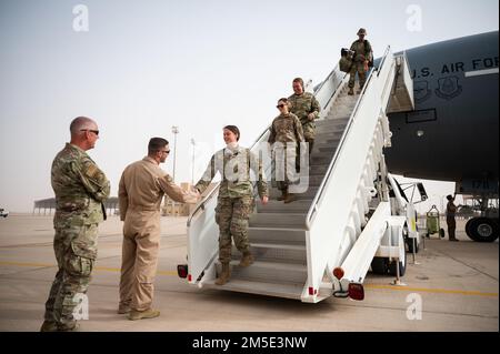 U.S. Air Force Brig. Gen. Robert Davis, 378th Air Expeditionary Wing commander, greets Airmen from the 908th Expeditionary Air Refueling Squadron at Prince Sultan Air Base, Kingdom of Saudi Arabia, March 6, 2022. Previously operating out of Al Dhafra Air Base, United Arab Emirates, the 908th EARS relocated to PSAB.