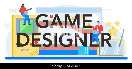 Game designer typographic header. Creative process of a computer video game design. Digital technology, programming, codding and testing. Isolated fla Stock Vector