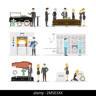 Funeral service interior set. Memorial and mourning on white background. Stock Vector
