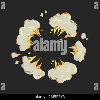 Isolated explosion icon on black background. Cartoon comic boom effect. Stock Vector