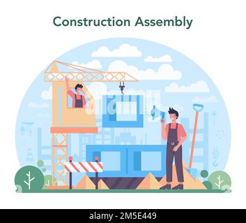 Crane operator concept. Industrial builder at the construction site. Professional installer constructing home with a lifting crane. City development. Stock Vector