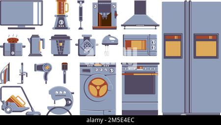 Household appliances set. All kinds of electronics as fridge, vacuum cleaner, cooker and others. Stock Vector