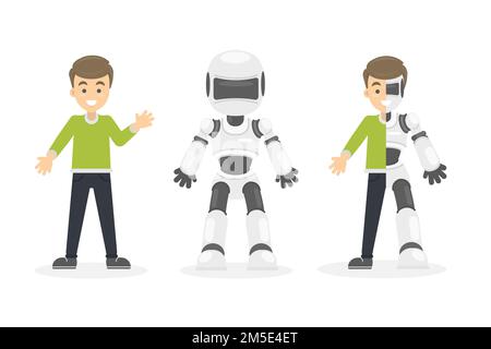 Half cyborg, half human. Isolated set of illustrations with happy smiling man and white robot. Stock Vector