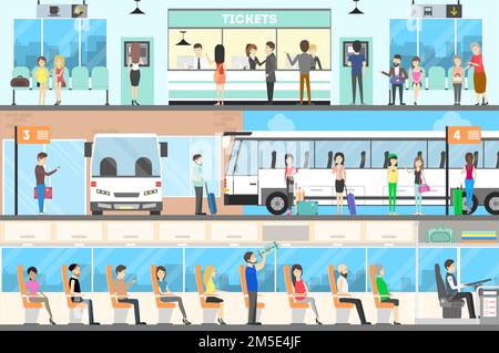 Bus interior set. Seat in the bus, bus stop and buying tickets. Stock Vector